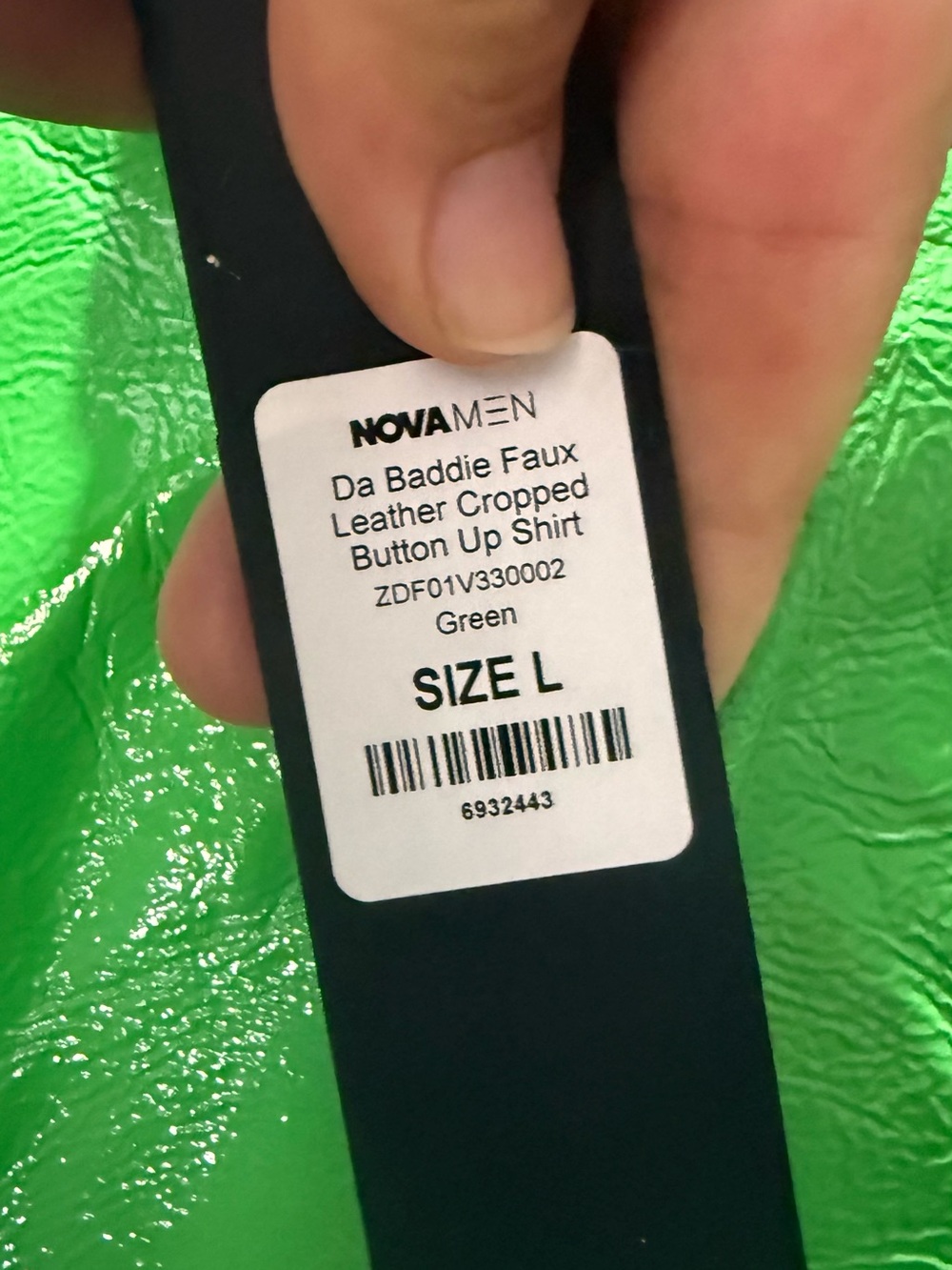 Fashion Nova Men Green Da Baddie Faux Leather Cropped Button Up Shirt - Picture 5 of 7